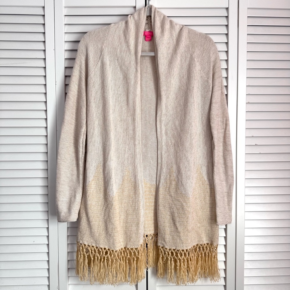 Lilly Pulitzer Tatum Long Fringe Hem Open Cardigan Sweater Gold Metallic Size XS - Picture 3 of 13